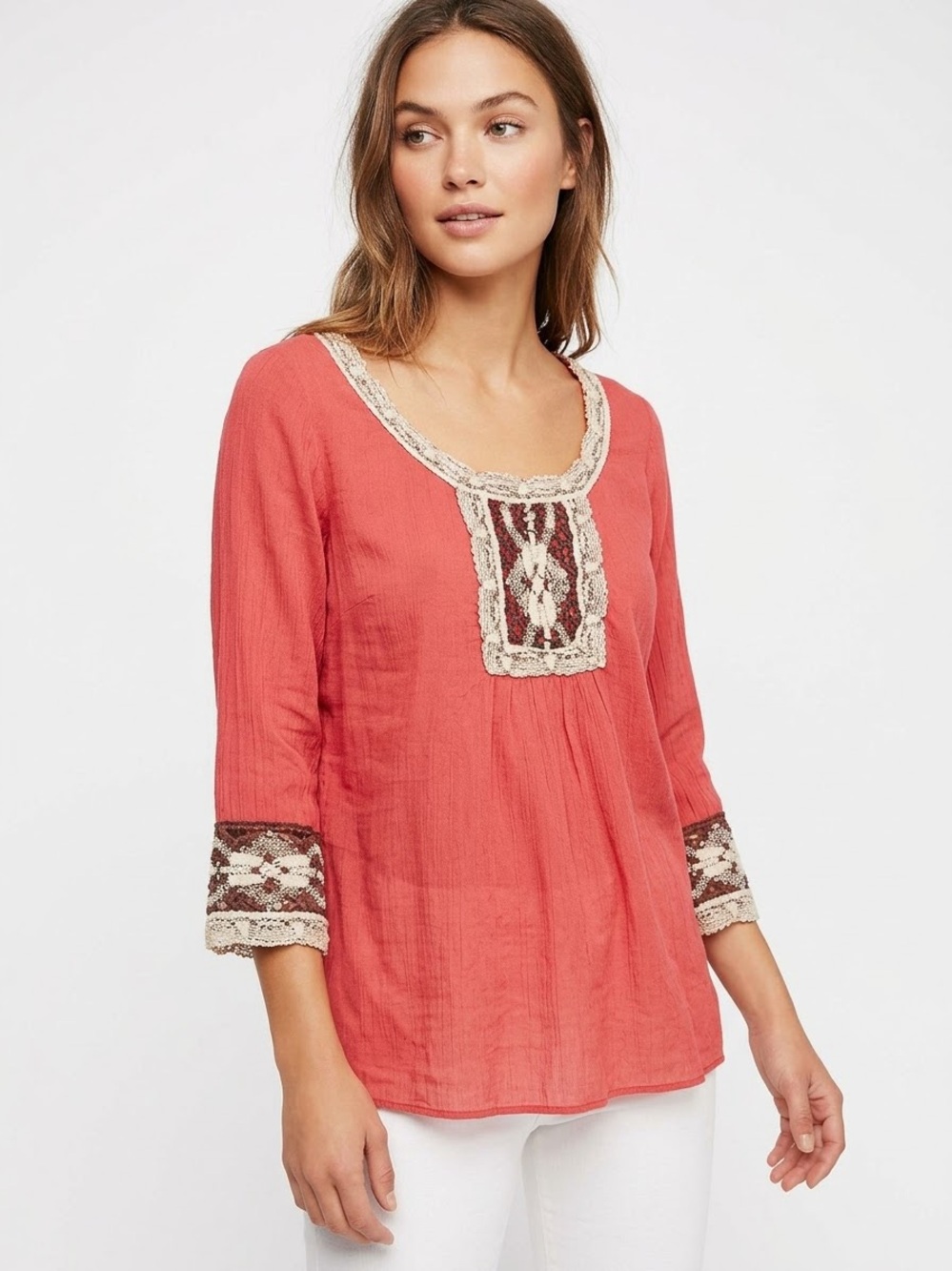 Free People Coral Crochet-Trim Boho Blouse